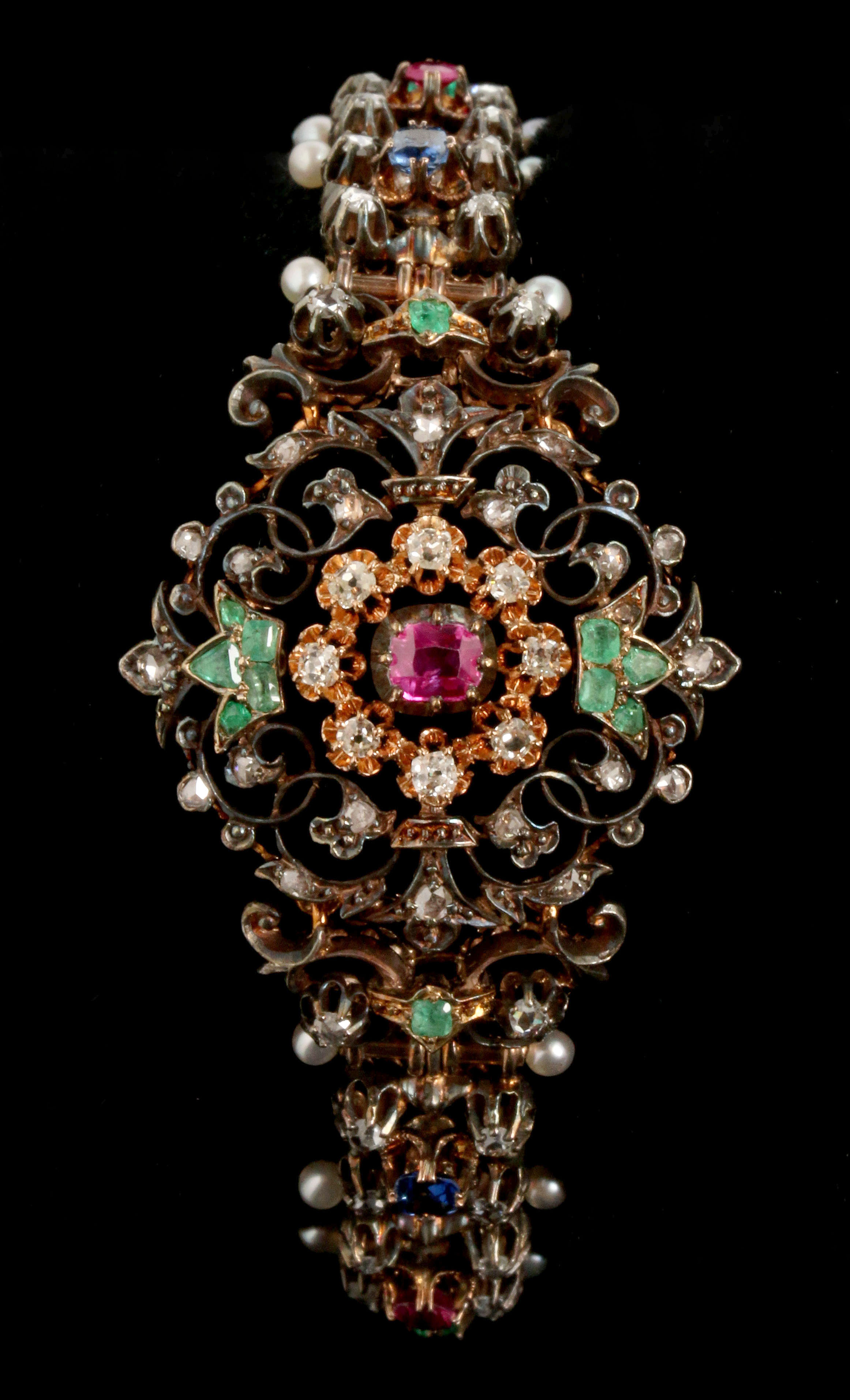 C. 1780 DIAMOND AND GEMSTONE SILVER OVER GOLD BRAC