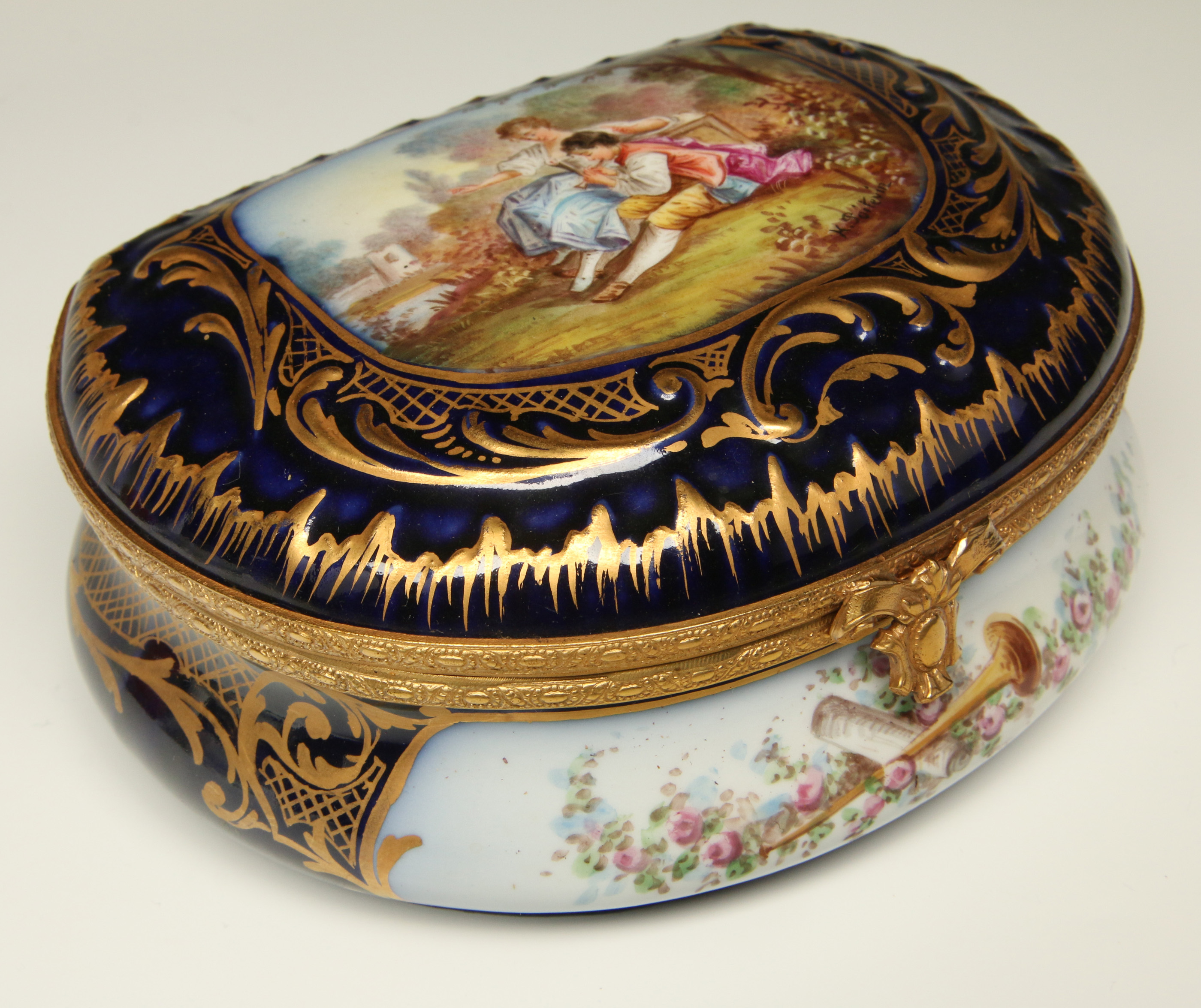 A GOOD SEVRES PORCELAIN BOX ARTIST SIGNED POITEVIN