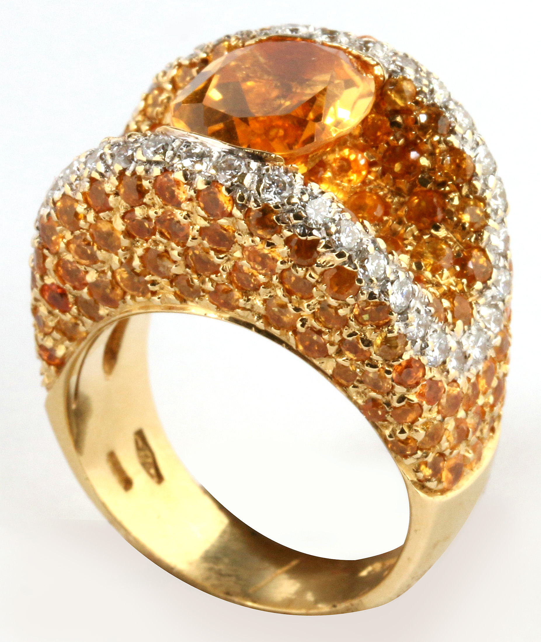 A CITRINE & DIAMOND ENCRUSTED 18K GOLD COCKTAIL RI