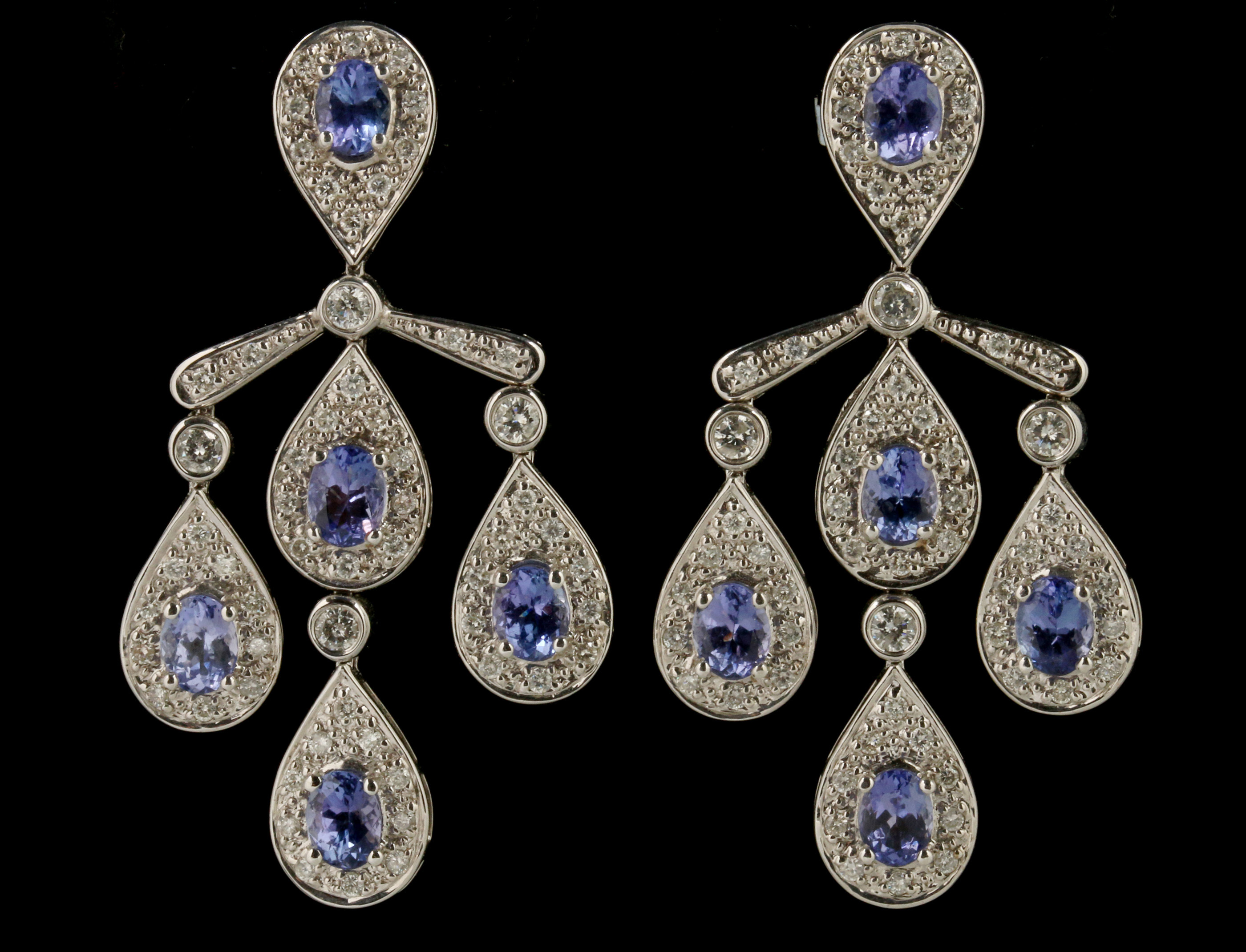 A PAIR 14K TANZANITE AND DIAMOND CHANDELIER EARRIN