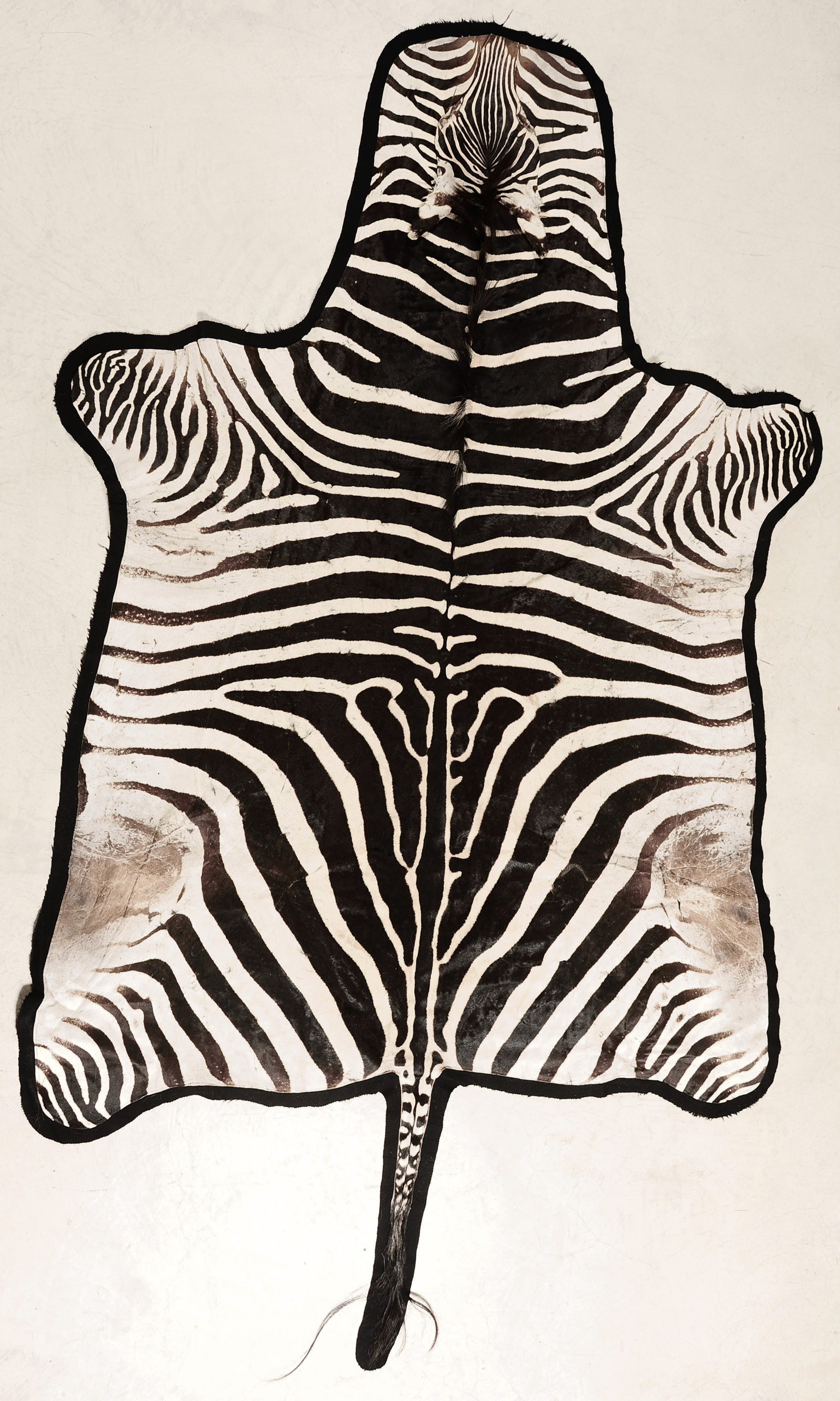 A FELT BACKED ZEBRA HIDE AREA RUG