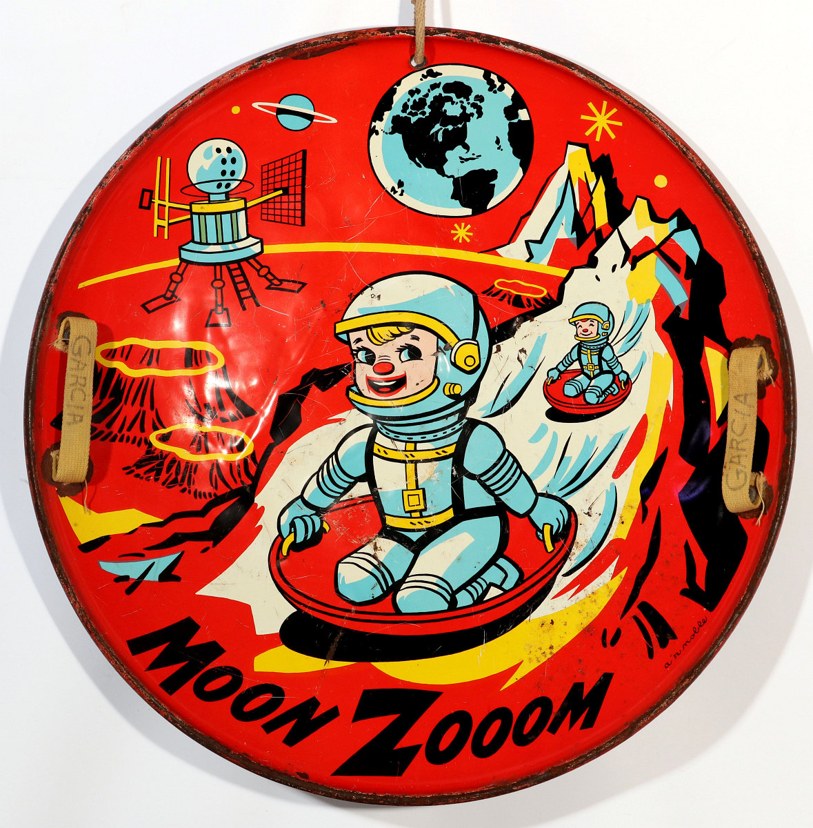 A MOON ZOOM TIN LITHO SNOW SLED RACER DISC