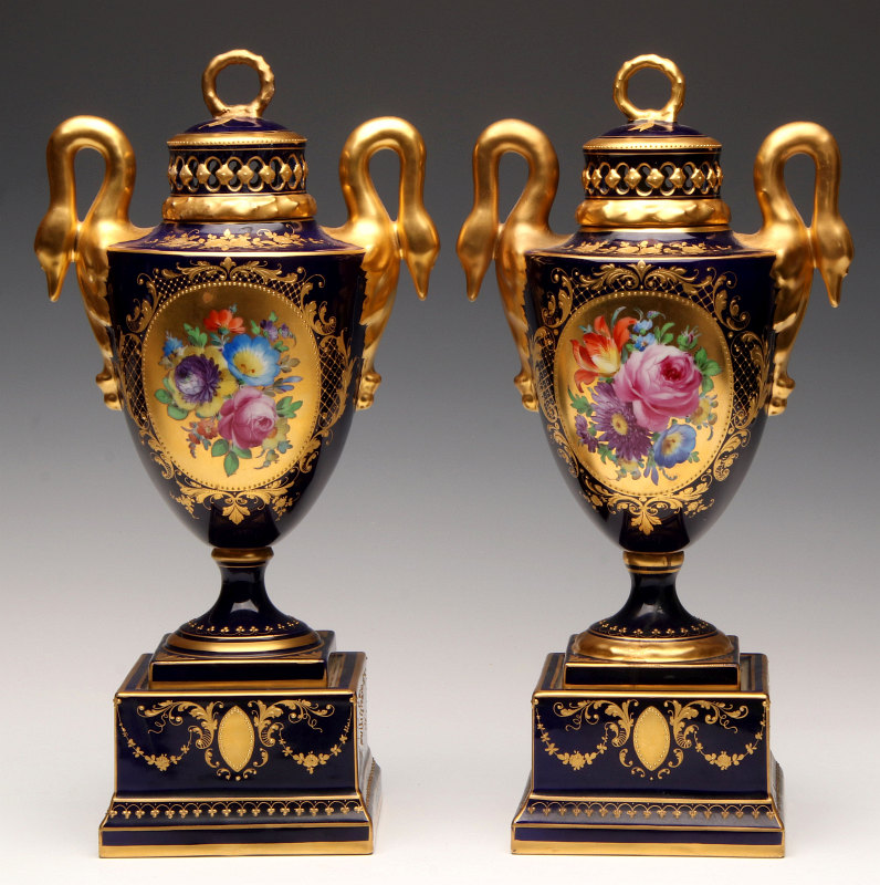 A FINE PAIR OF HUTSCHENREUTHER POTPOURRI VASES