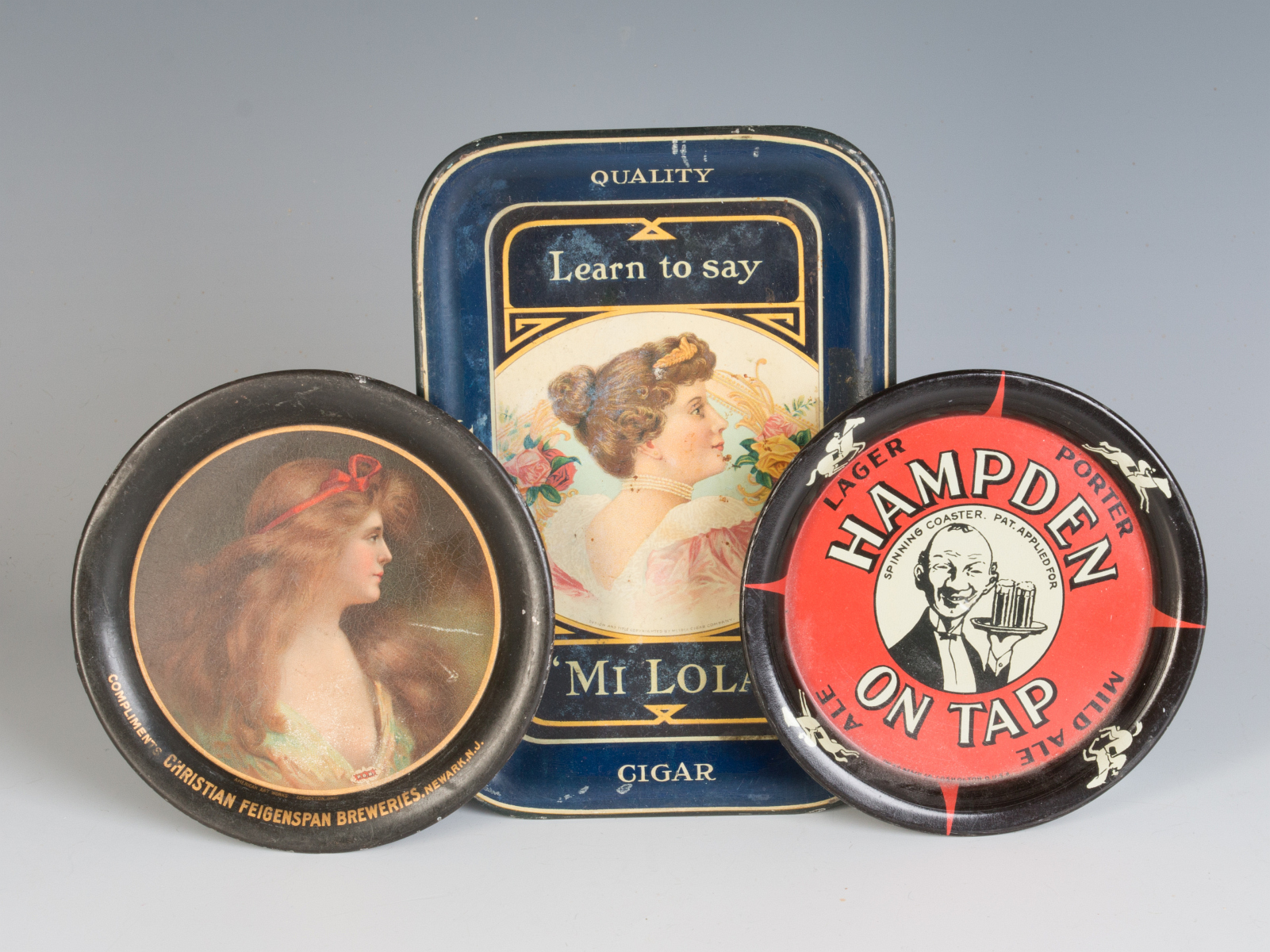 BEER AND CIGAR ADVERTISING TIP TRAY AND COASTERS