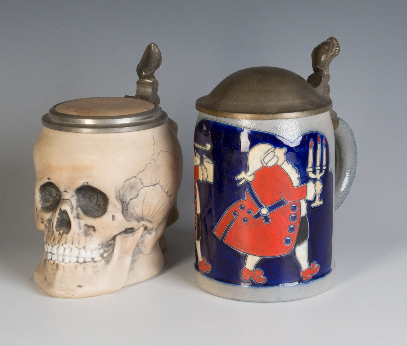 EARLY 20TH CENTURY GERMAN BEER STEINS INCL SKULL
