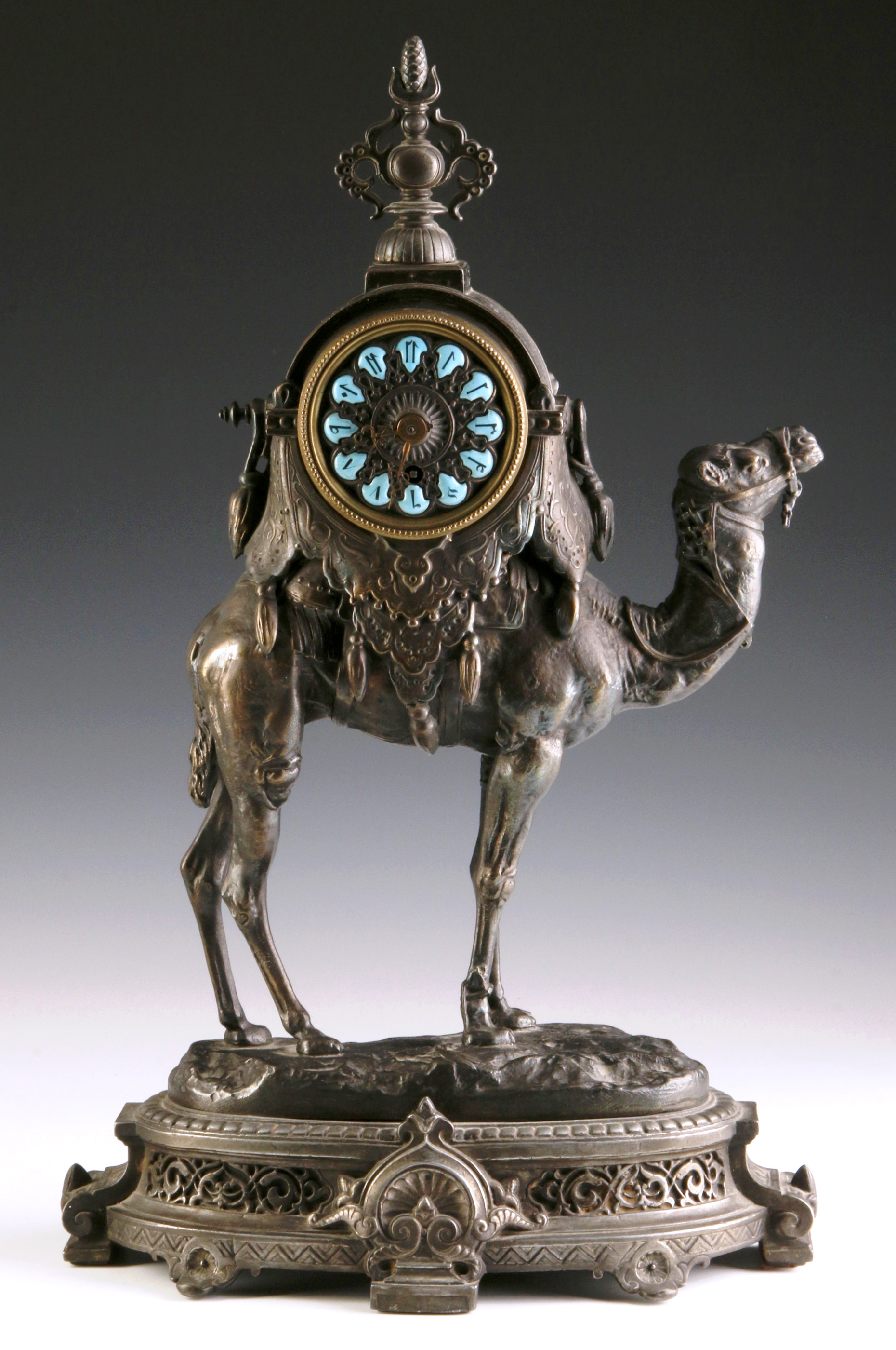 A SPELTER CAMEL FIGURAL CLOCK AFTER ANTOINE BARYE