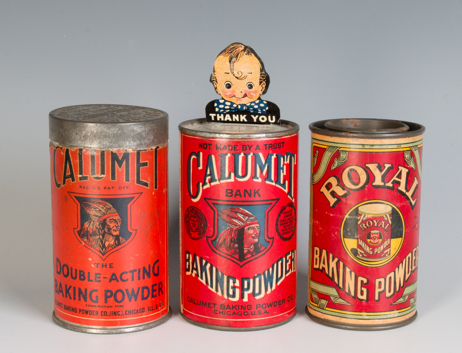 VINTAGE CALUMET BAKING POWDER TINS AND BANK