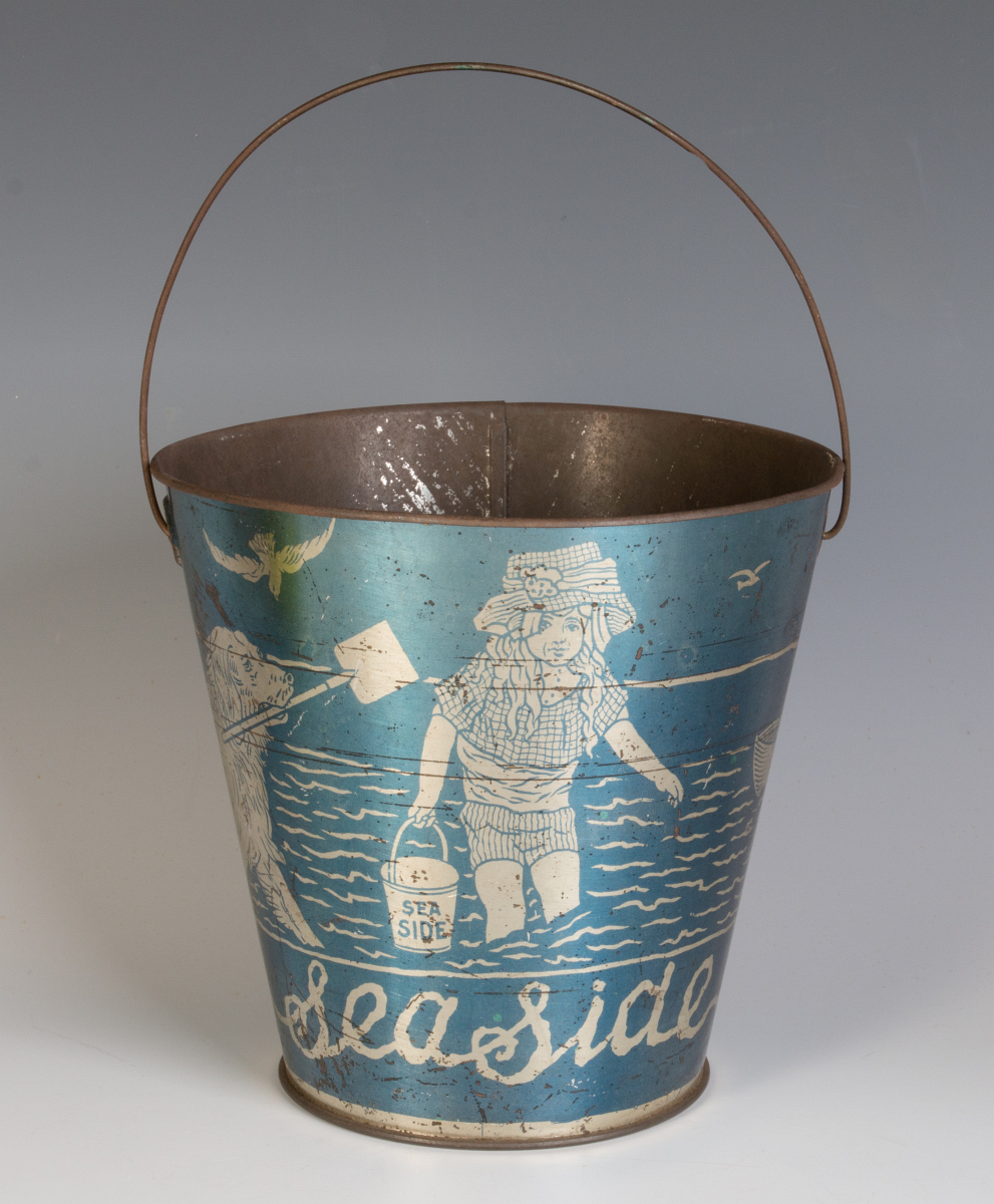 A GOOD VICTORIAN 'SEASIDE' SAND PAIL W/ KIDS & DOG