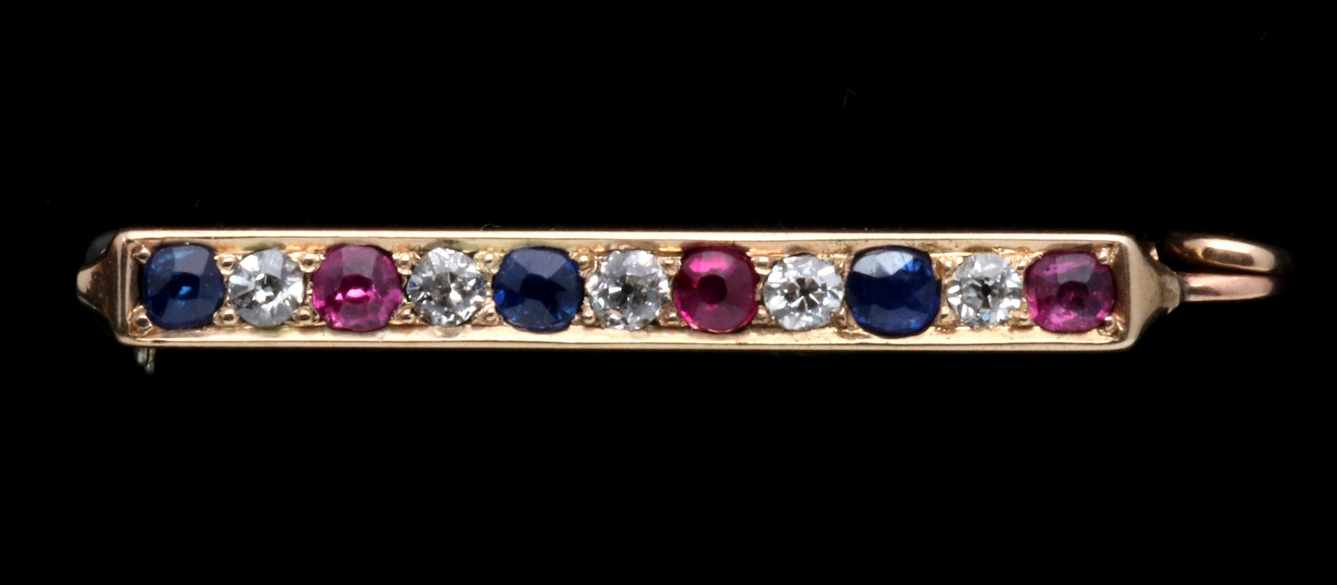 AN ANTIQUE 14K GOLD, DIAMOND AND GEMSTONE BAR PIN