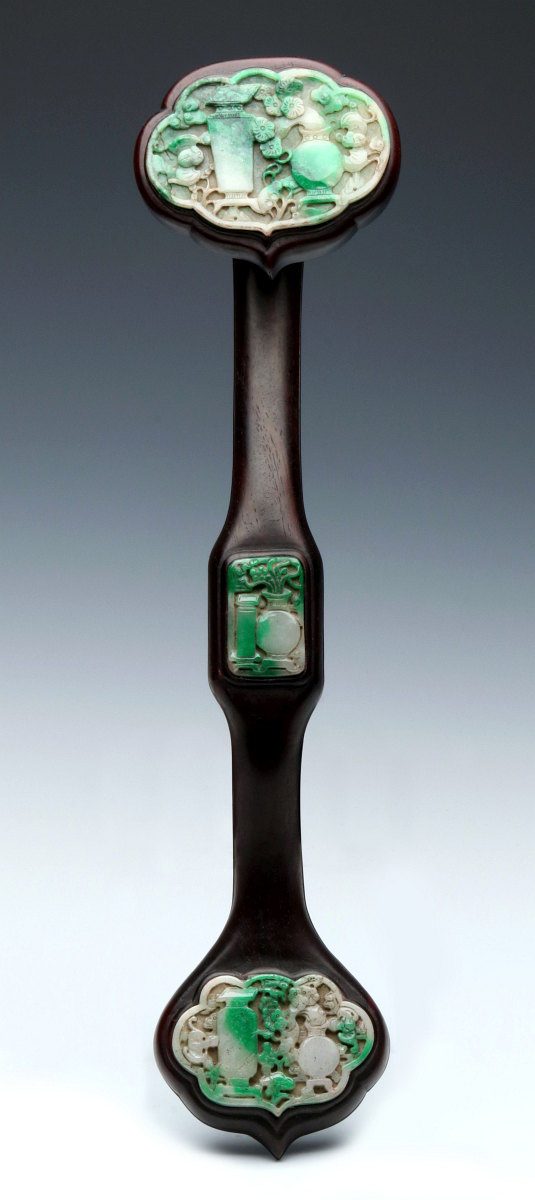 A 20TH C. CHINESE ROSEWOOD RUYI SCEPTER WITH JADE