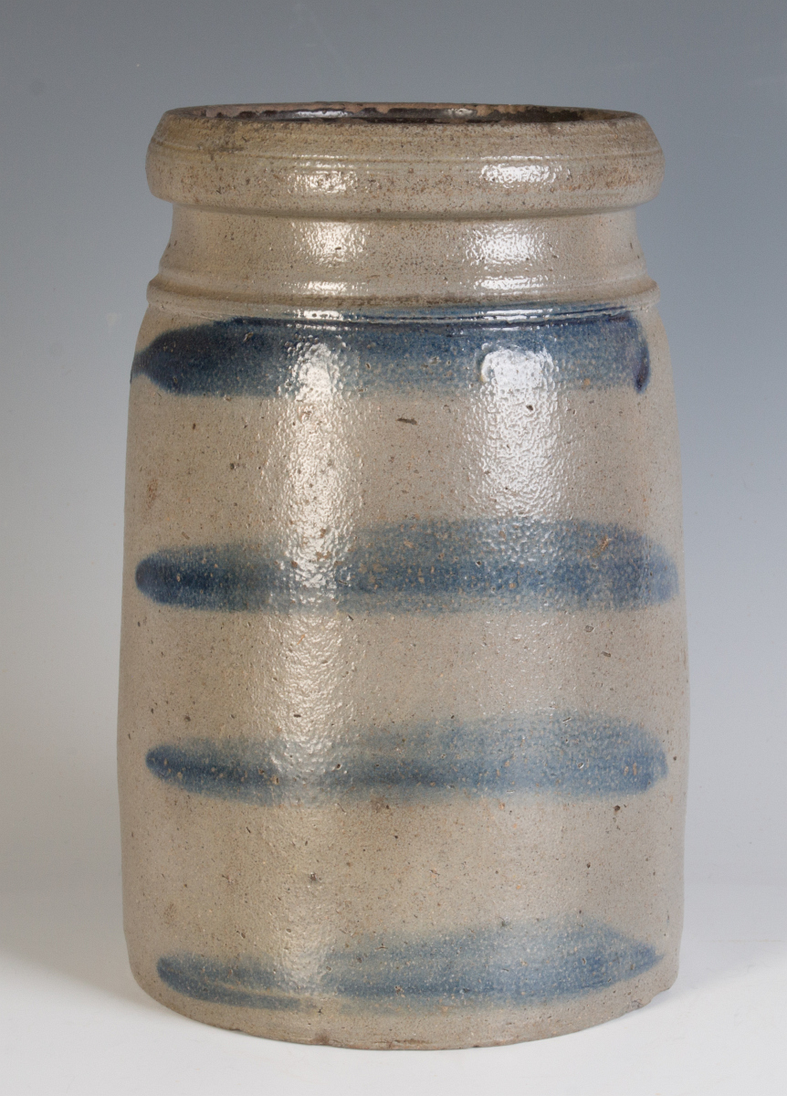 A 19TH C. BLUE DECORATED STONEWARE CANNING JAR