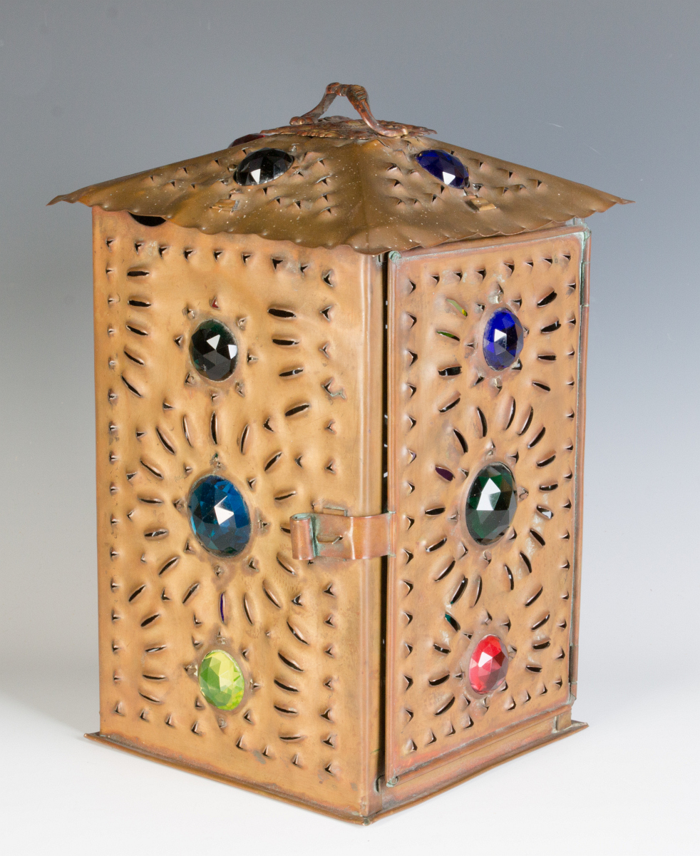 AN UNUSUAL PIERCED BRASS LANTERN WITH JEWELS