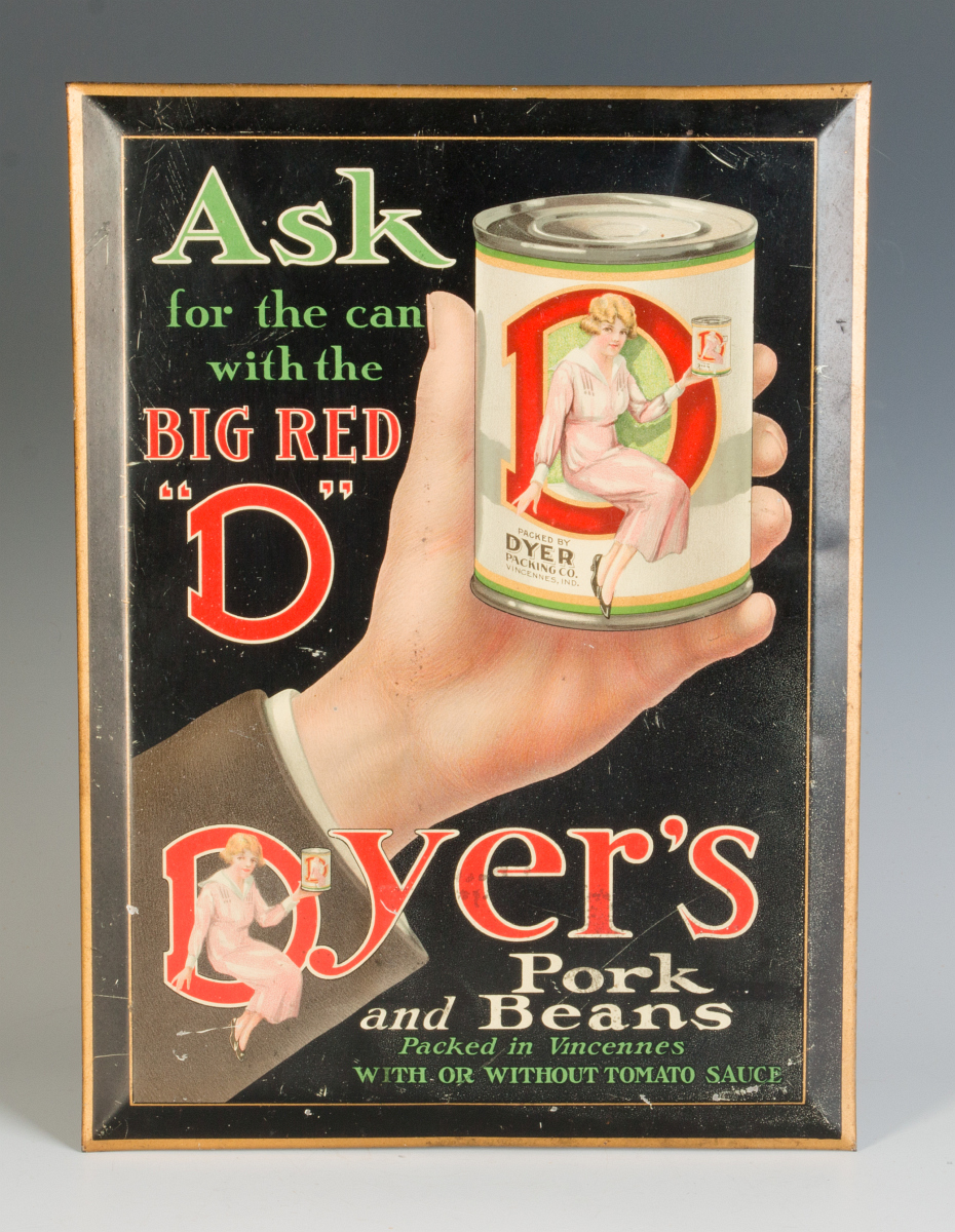 A GOOD DYER'S BEANS SELF-FRAMED TIN SIGN C. 1925