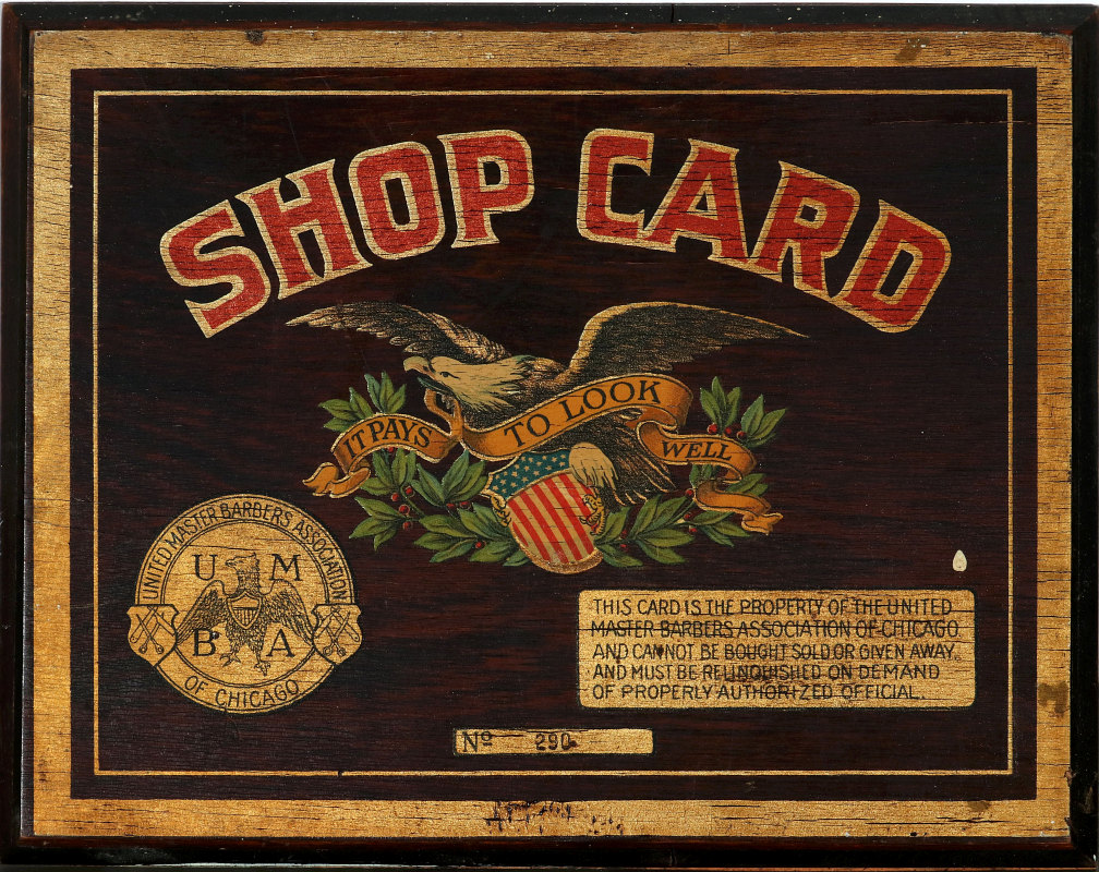 UNITED MASTER BARBERS SHOP CARD W/ AMERICAN EAGLE