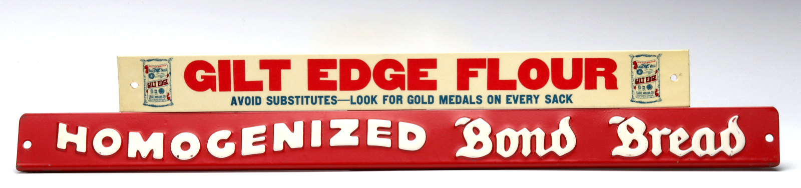 BOND BREAD AND GILT EDGE FLOUR TIN SHELF SIGNS