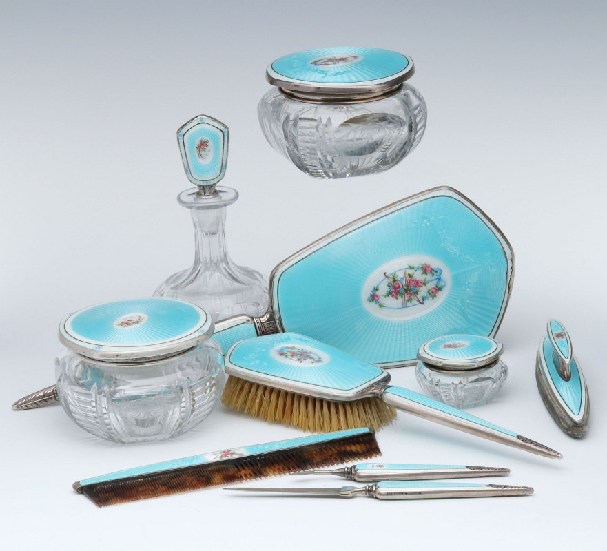 A FINE 10 PC GUILLOCHE ENAMEL STERLING DRESSER SET