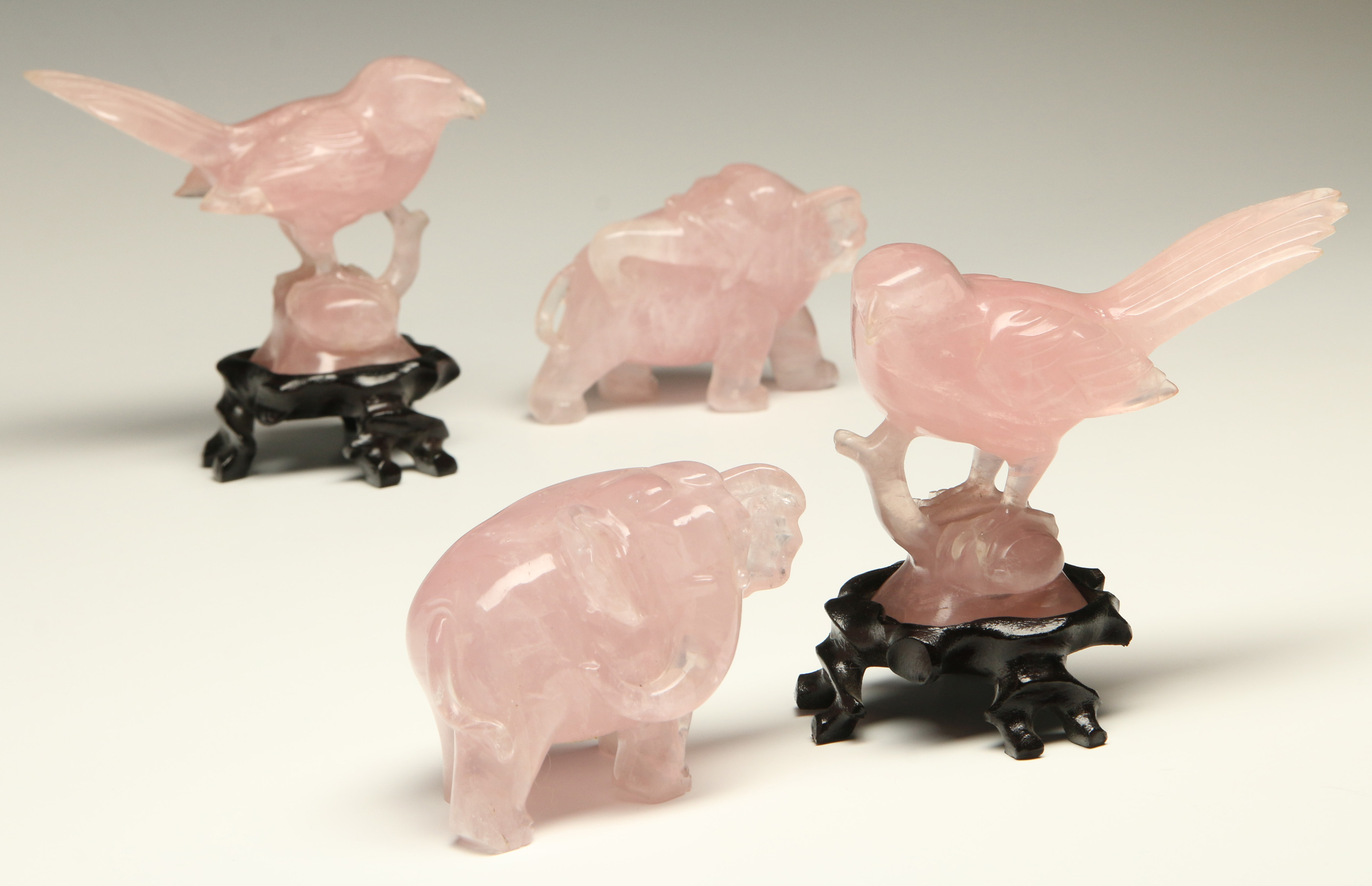 FOUR CHINESE ROSE QUARTZ CARVINGS