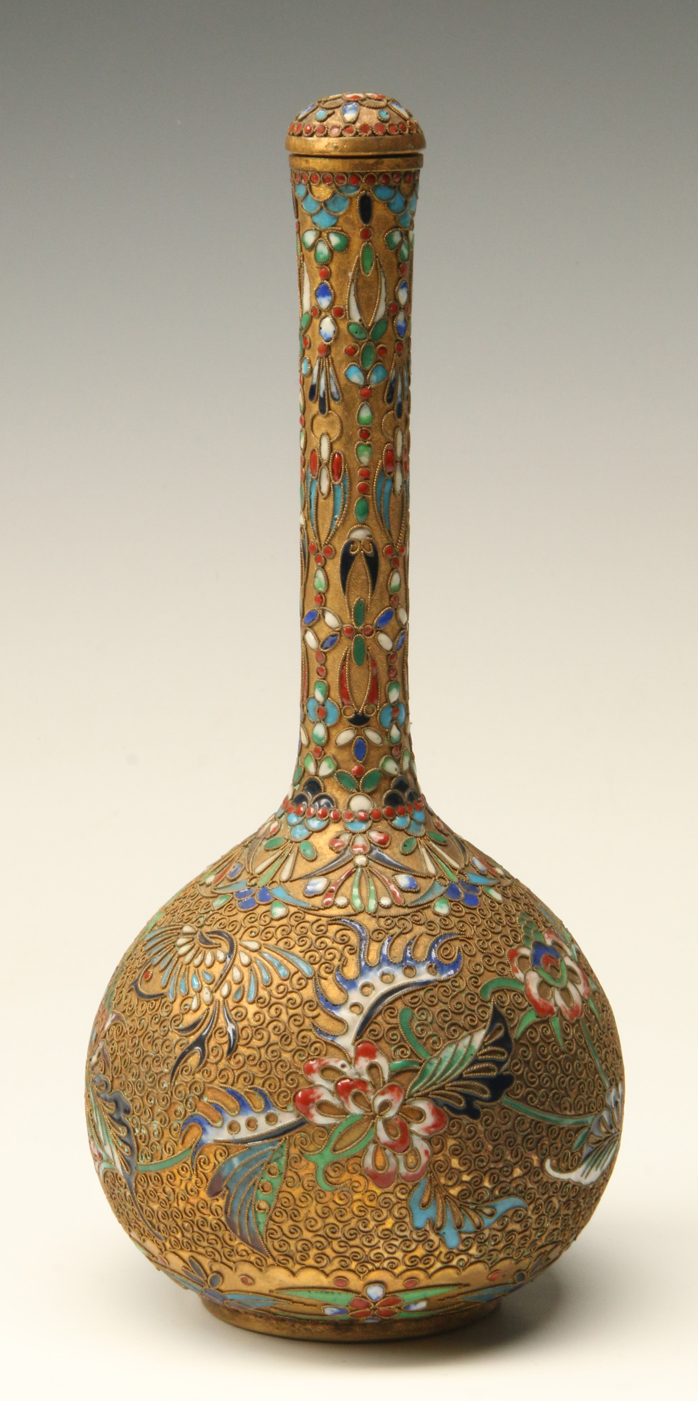 A CHINESE CHANPLEVE ENAMEL COVERED BOTTLE