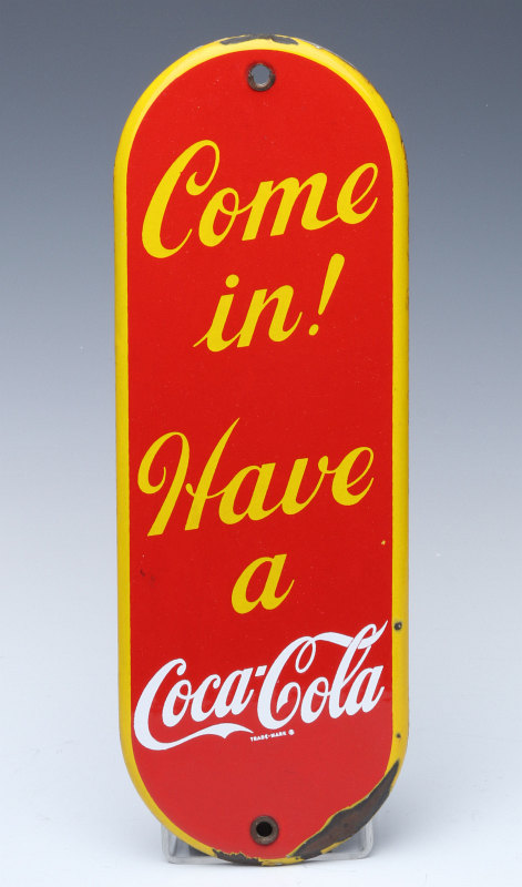 A CIRCA 1950 COCA-COLA PORCELAIN ENAMEL DOOR PUSH