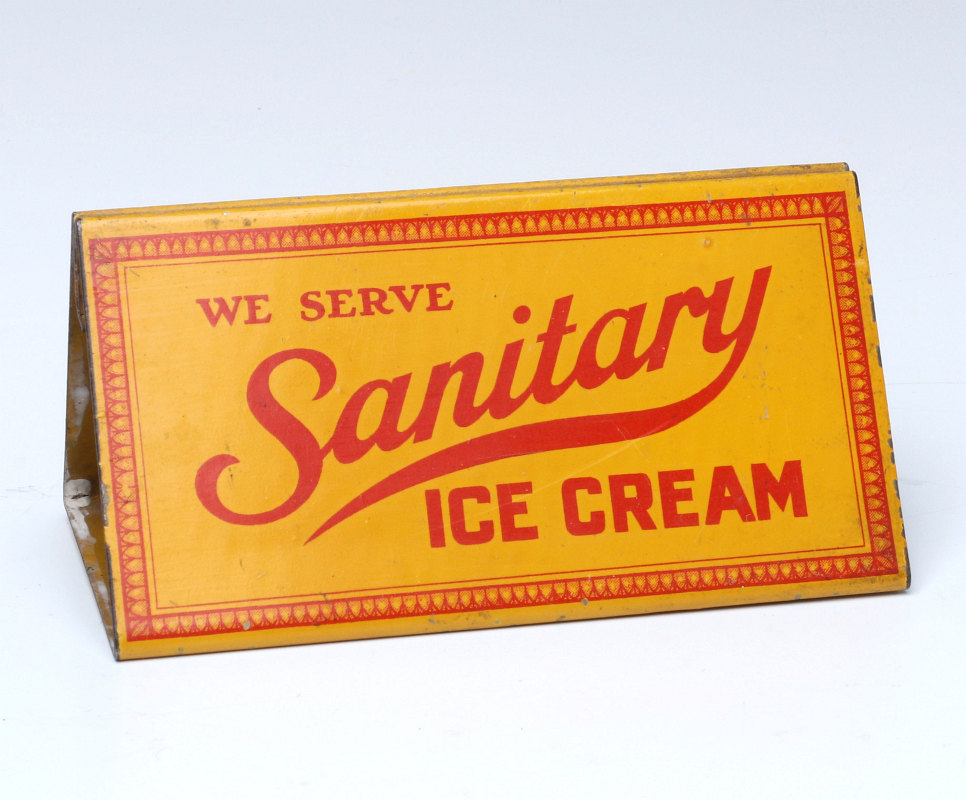 A SANITARY ICE CREAM TIN LITHO TENT SIGN C. 1930s