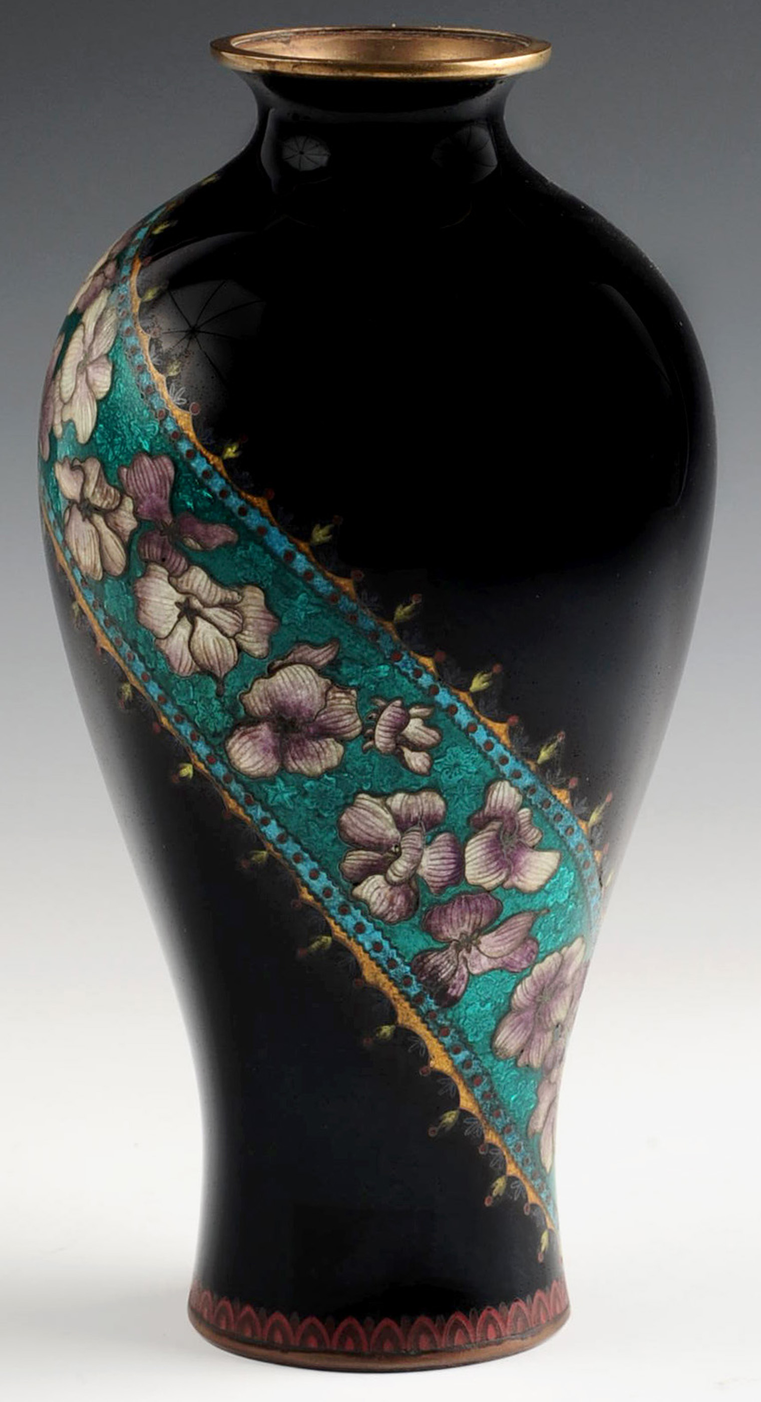 A MEIJI PERIOD JAPANESE BLACK GROUND CLOISONNE VAS