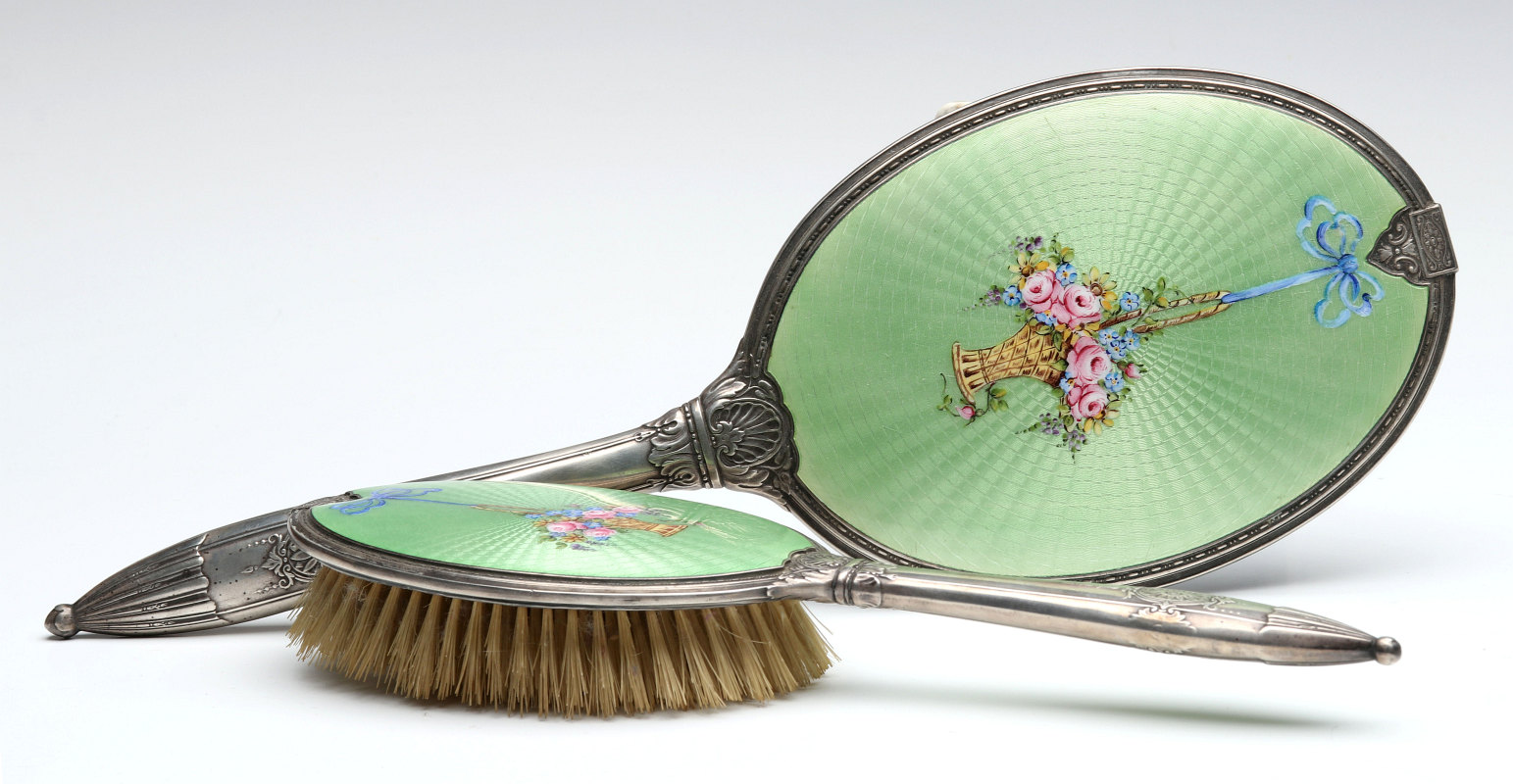 A TWO-PIECE GUILLOCHE ENAMEL DRESSER SET