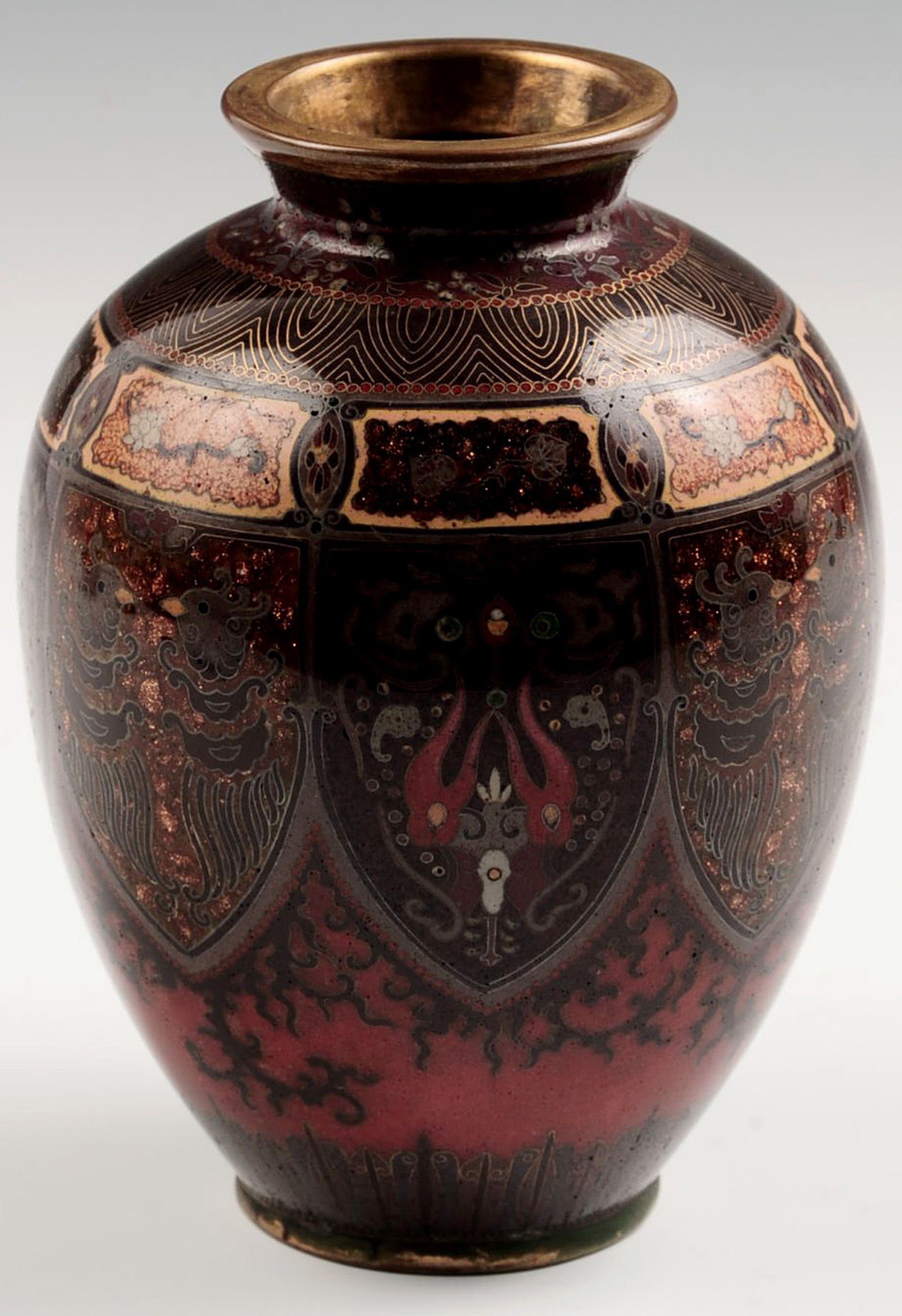 A MEIJI PERIOD JAPANESE BLACK GROUND CLOISONNE VAS