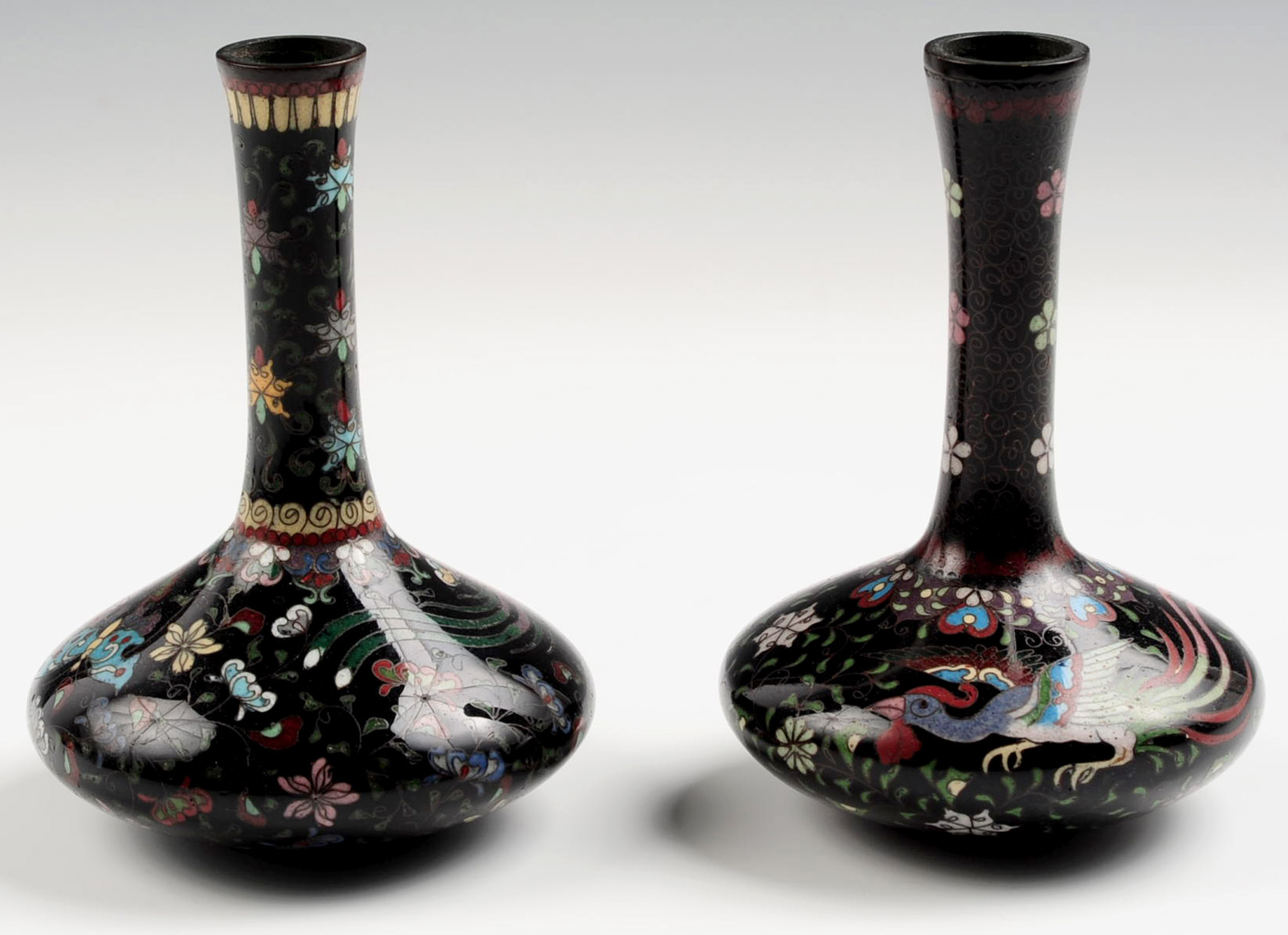 A PAIR MEIJI PERIOD JAPANESE BLACK GROUND CLOISONN