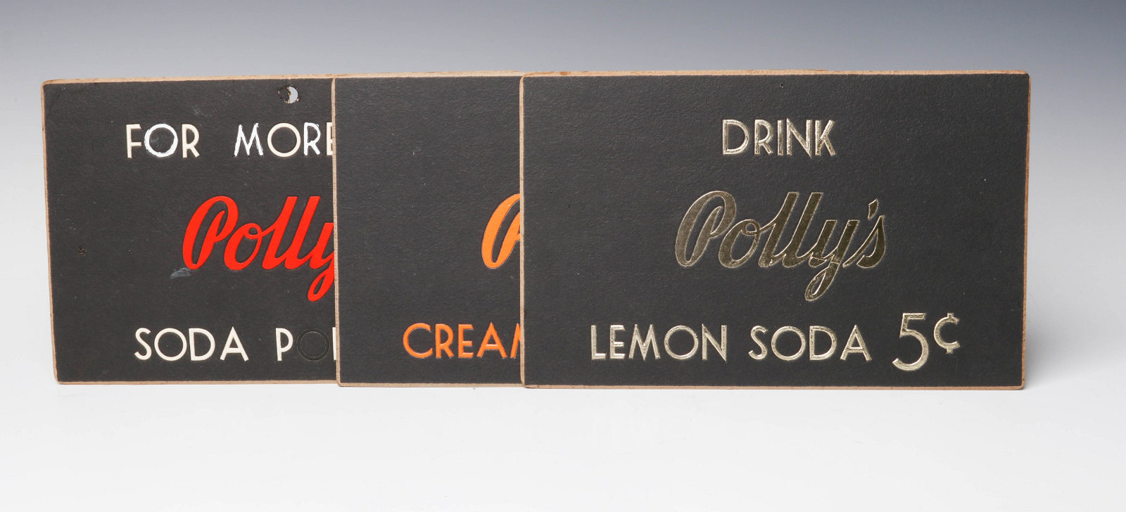 THREE RARE POLLY'S POP SODA ADVERTISING PLACARDS