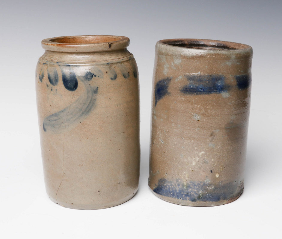 TWO 19TH C. BLUE DECORATED STONEWARE CANNING JARS