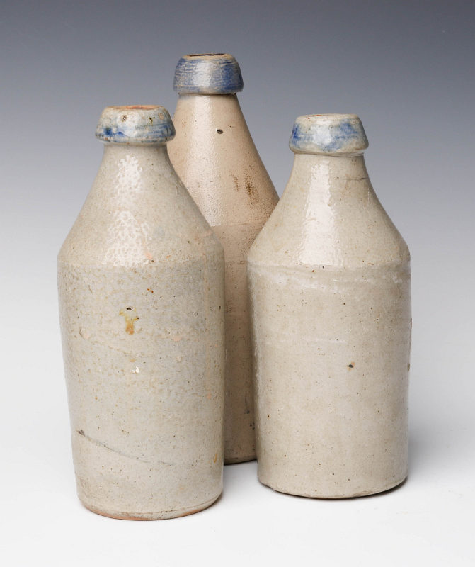 THREE 19TH C. BLUE DECORATED STONEWARE BOTTLES