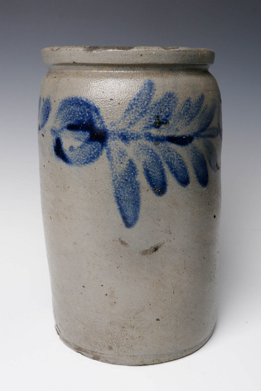 A 19TH C. BLUE DECORATED STONEWARE CANNING JAR