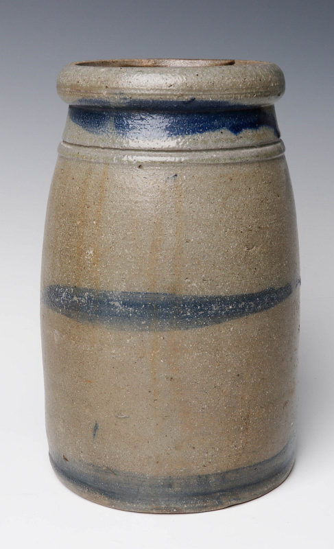 A 19TH C. BLUE DECORATED STONEWARE CANNING JAR