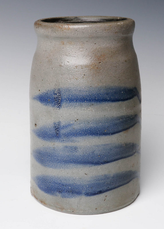 A 19TH C. BLUE DECORATED STONEWARE CANNING JAR