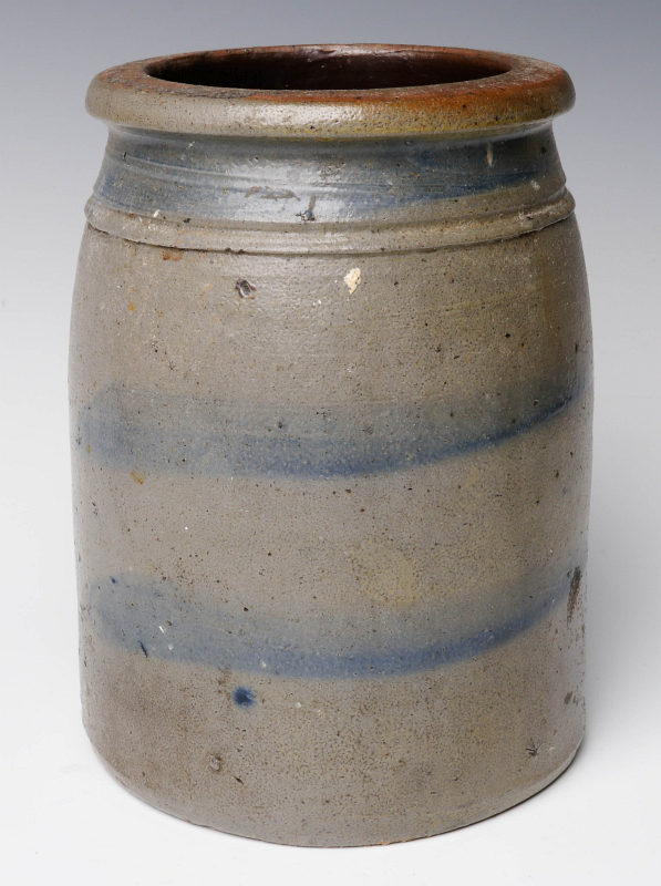 A 19TH C. BLUE DECORATED STONEWARE CANNING JAR