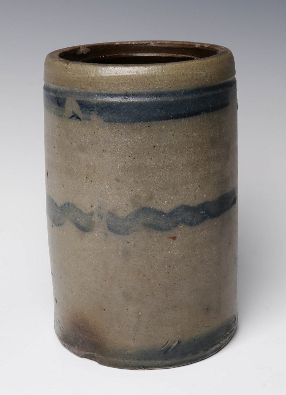 A 19TH C. BLUE DECORATED STONEWARE CANNING JAR