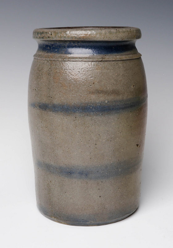 A 19TH C. BLUE DECORATED STONEWARE CANNING JAR