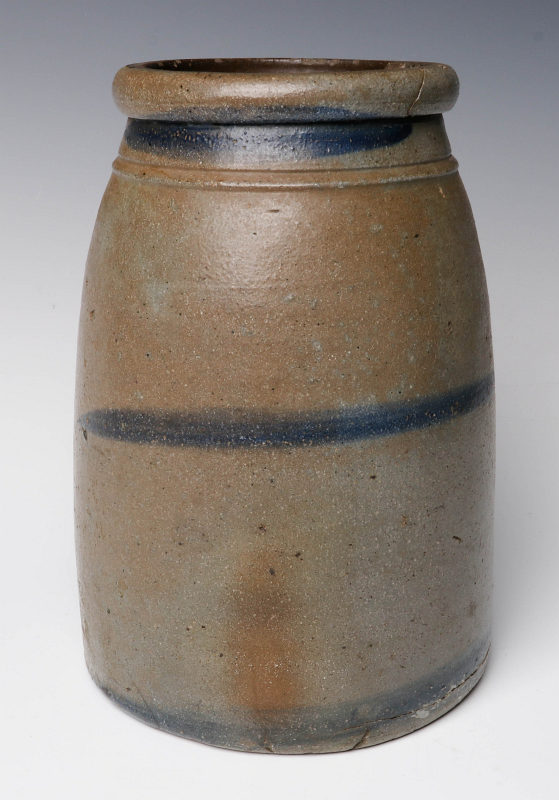 A 19TH C. BLUE DECORATED STONEWARE CANNING JAR