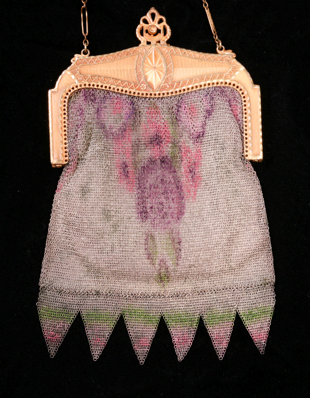 A PINK & PURPLE WHITING & DAVIS MESH FLAPPER PURSE