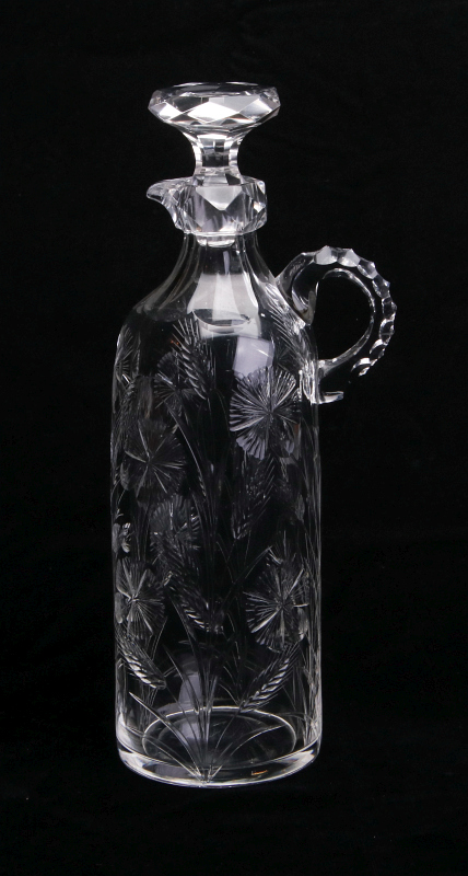 FINE TALL CUT GLASS JUG, ENGRAVED WHEAT & THISTLE