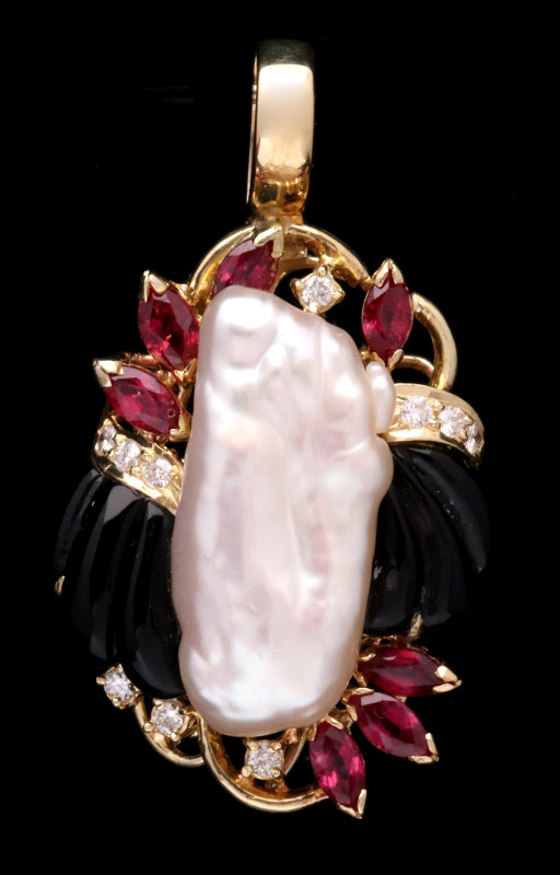 A 14K KESHI PEARL, ONYX, DIAMOND AND RUBY PENDANT