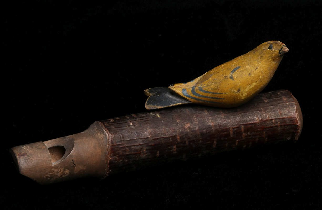 A GOOD FOLK ART WHISTLE W/FIGURAL BIRD - OLD PAINT