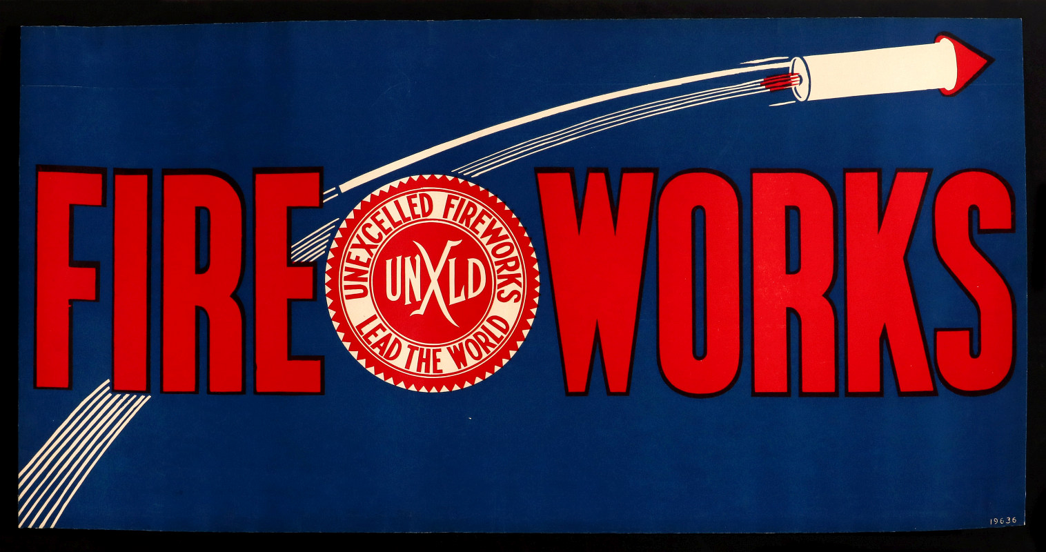 A VINTAGE FIREWORKS ADVERTISING PAPER BANNER