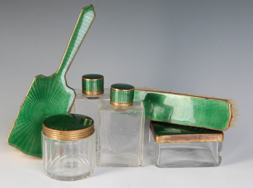 A GUILLOCHE ENAMEL DRESSER SET