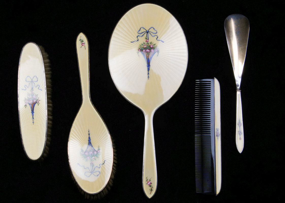 A FINE GUILLOCHE ENAMEL STERLING DRESSER SET