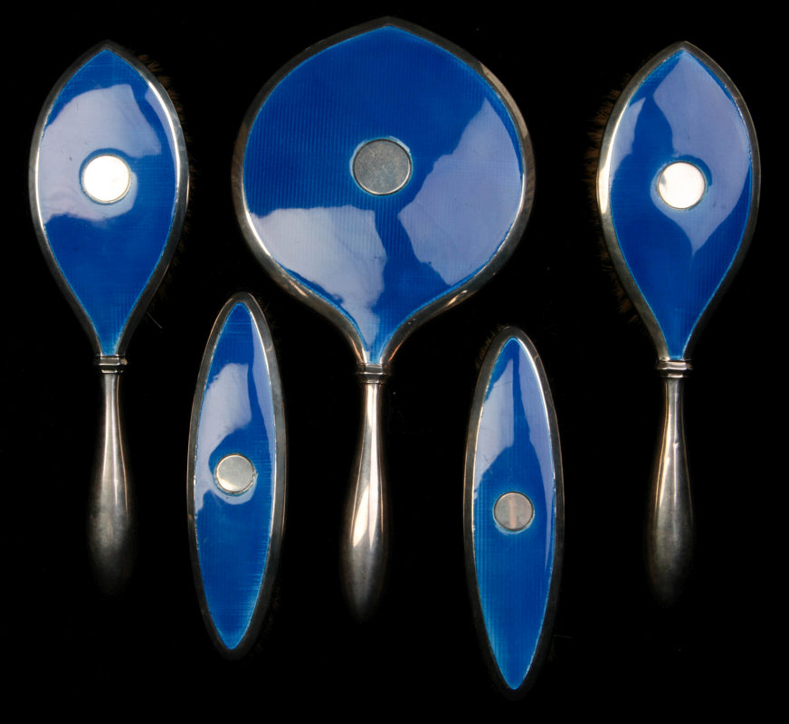 A SHARP 1927 ART DECO STERLING ENAMEL DRESSER SET