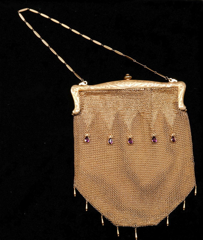 ANTIQUE GILT MESH PURSE W/ AMETHYST COLORED STONES