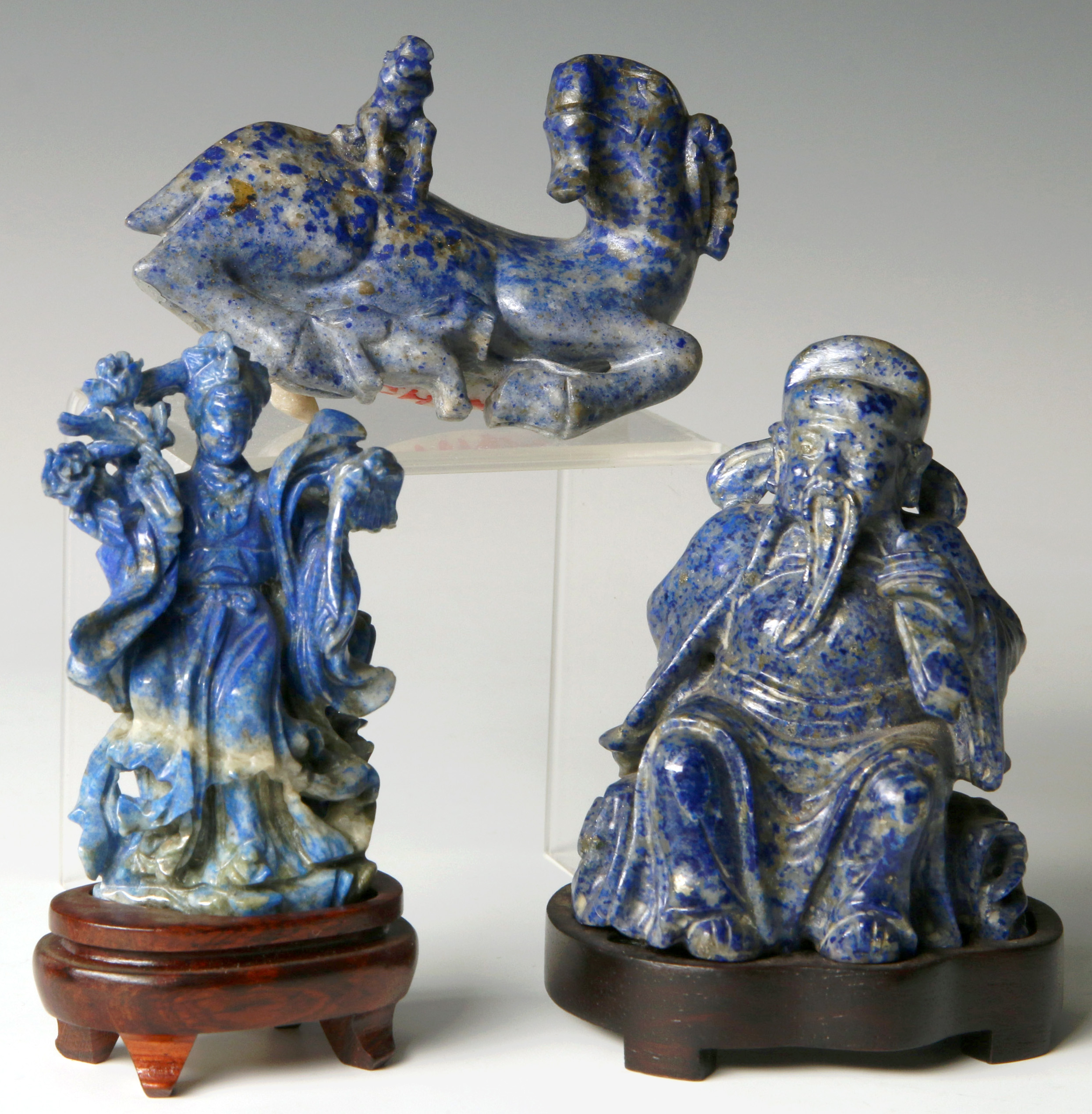 THREE CHINESE LAPIS STONE CARVED FIGURES