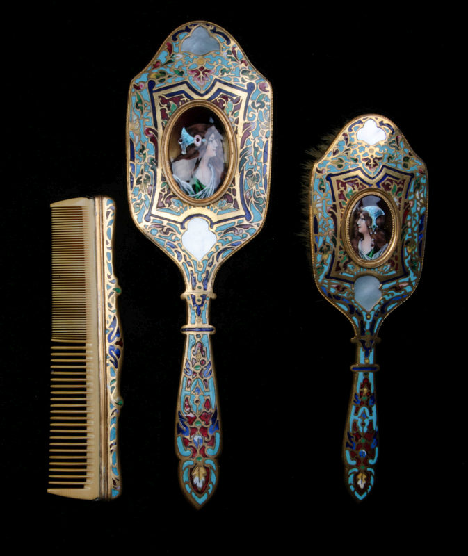 A FINE CHAMPLEVE' DRESSER SET W/ ENAMEL PORTRAITS