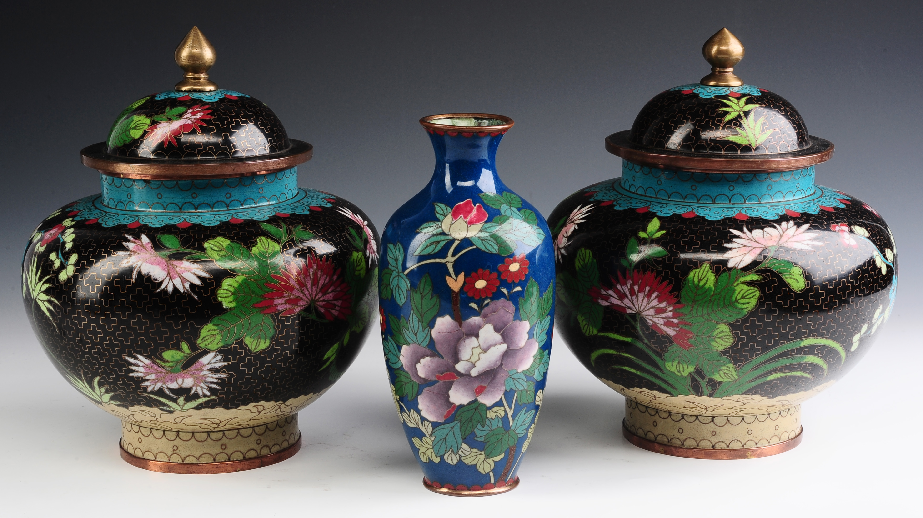 THREE 20TH CENTURY CHINESE CLOISONNE VASES